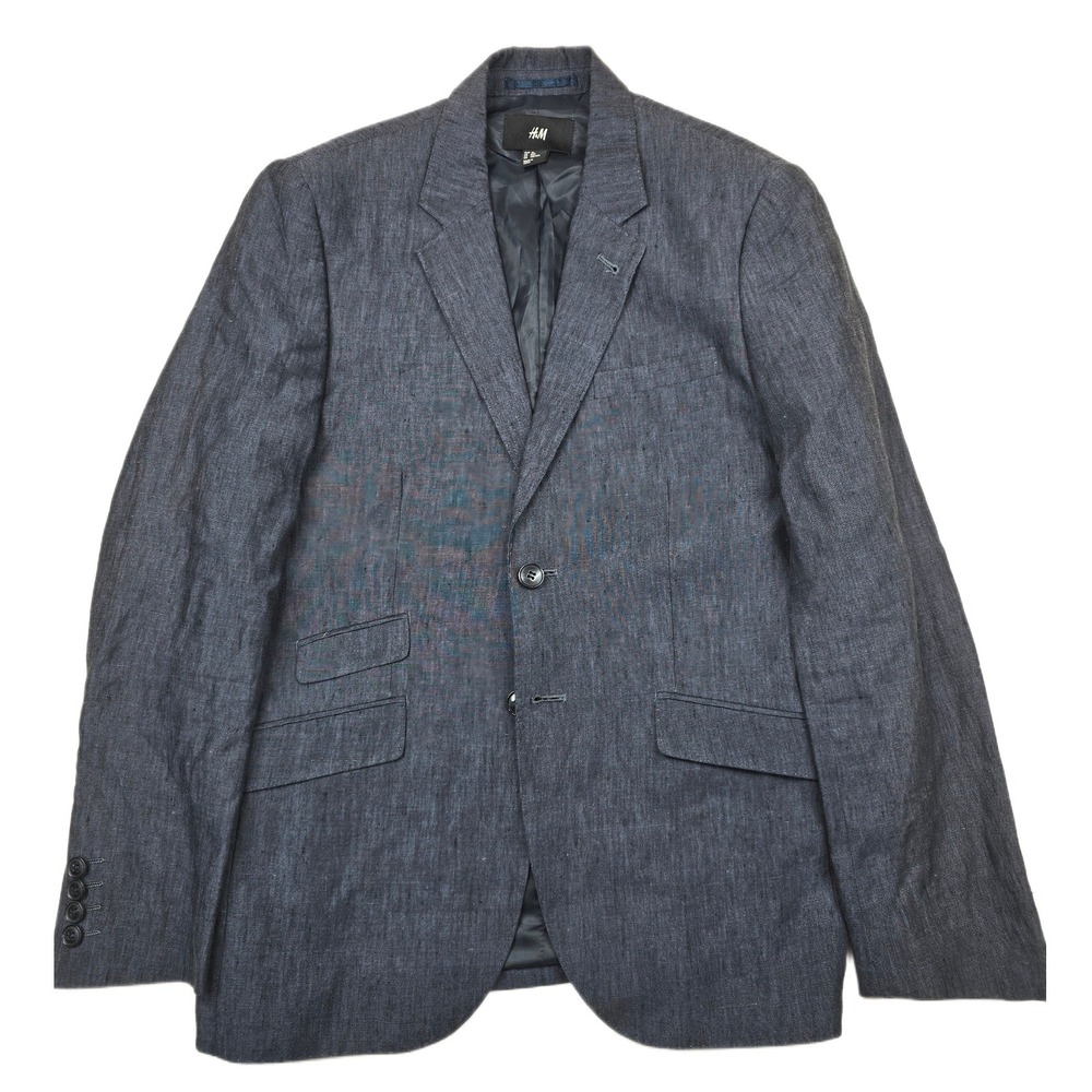 H&M‎ 100% Linen Blazer Mens 36R Small Navy Blue Two Button Sport Coat Jacket